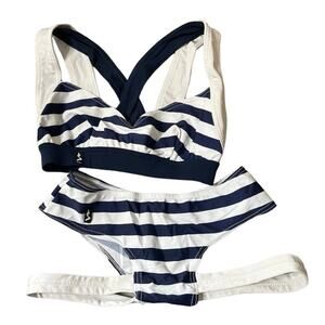 Sway Polewear set navy blue white striped sweetheart bra garter bottoms S/M